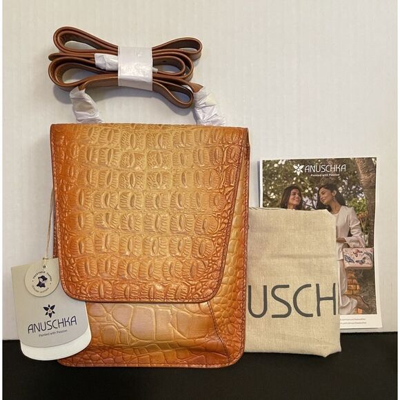 ANUSCHKA Croc Embossed Camel Genuine Leather Flap Crossbody Shoulder Bag Purse - Picture 1 of 10